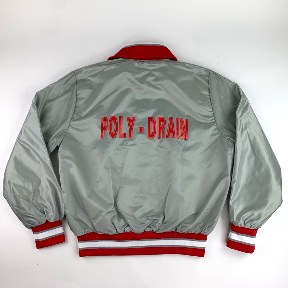 Gem Sportswear Vintage Poly Drain Baughman Tile Gray Satin Bomber Jacket Mens L